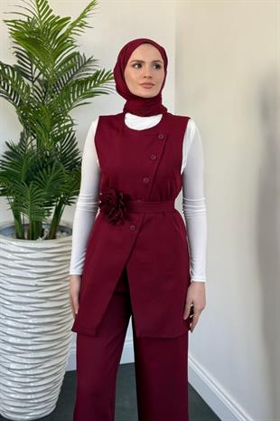 Logi Yandan Düğmeli Yelek Takım Bordo
