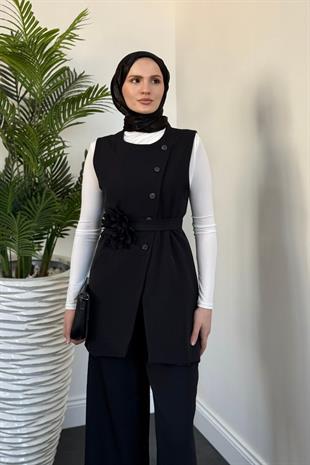 Logi Yandan Düğmeli Yelek Takım Siyah