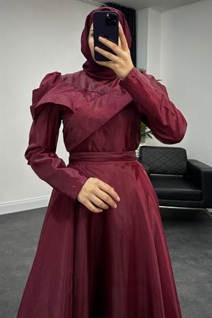 Longus Hayal Tül Abiye Bordo