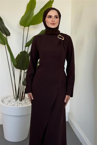 Lorvil Yandan Bağlamalı Büyük Beden Elbise Kahverengi