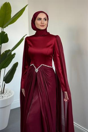 Loverna Taşlı Pelerinli Abiye Bordo