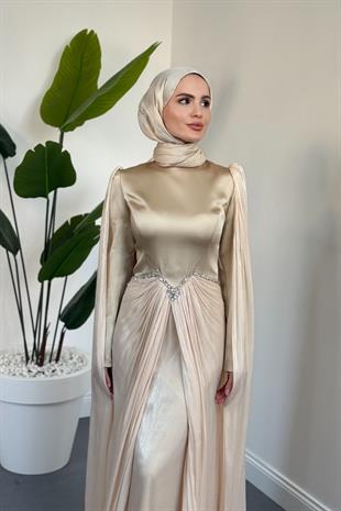 Loverna Taşlı Pelerinli Abiye Krem