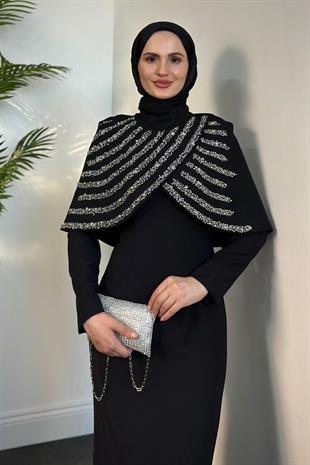 Lowel Taşlı Pelerinli Abiye Siyah 