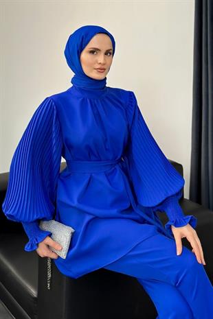 Lucetta Kolları Pliseli Takım Saks Mavisi