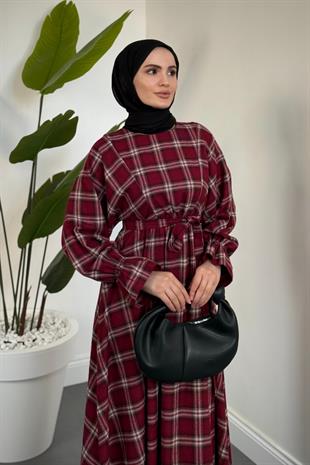 Luciana Mevlana Kesim Ekose Elbise Bordo