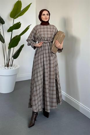 Luciana Mevlana Kesim Ekose Elbise Sütlü Kahve