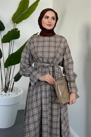 Luciana Mevlana Kesim Ekose Elbise Sütlü Kahve