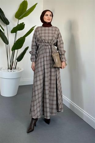 Luciana Mevlana Kesim Ekose Elbise Sütlü Kahve