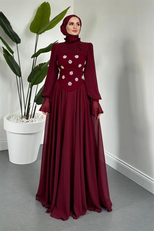 Lumiere Seyyar Korseli Şifon Abiye Bordo