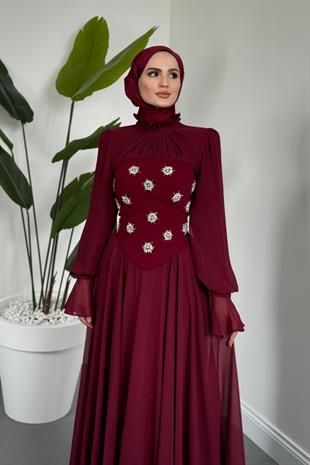 Lumiere Seyyar Korseli Şifon Abiye Bordo