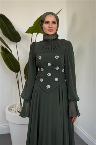 Lumiere Seyyar Korseli Şifon Abiye Haki