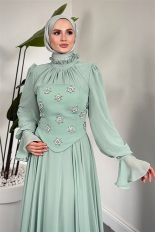 Lumiere Seyyar Korseli Şifon Abiye Mint