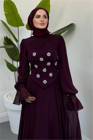 Lumiere Seyyar Korseli Şifon Abiye Mürdüm