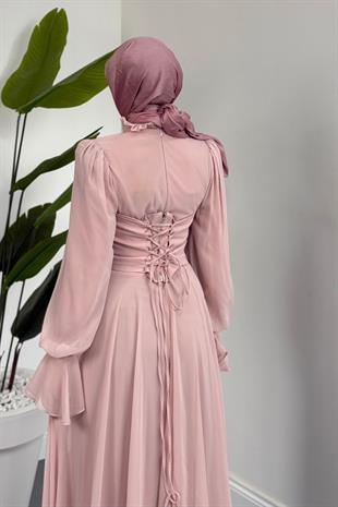 Lumiere Seyyar Korseli Şifon Abiye Pudra