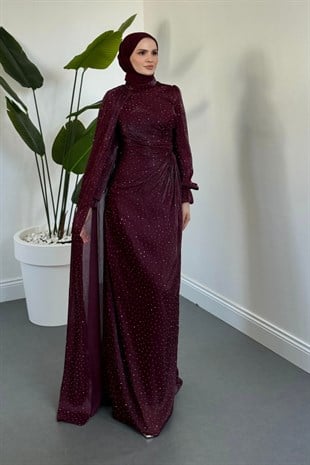 Lunara Taşlı Janjan Kumaş Abiye Dark Plum
