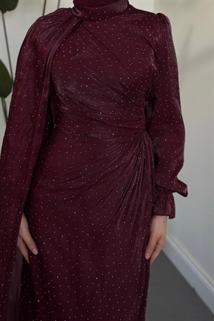 Lunara Taşlı Janjan Kumaş Abiye Dark Plum