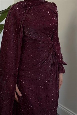 Lunara Taşlı Janjan Kumaş Abiye Dark Plum