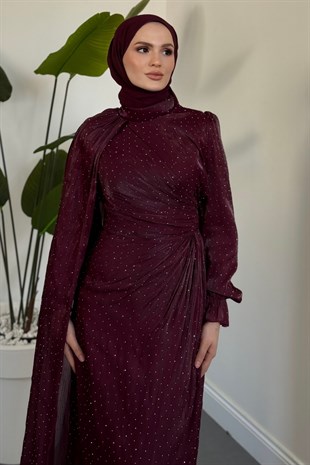 Lunara Taşlı Janjan Kumaş Abiye Dark Plum