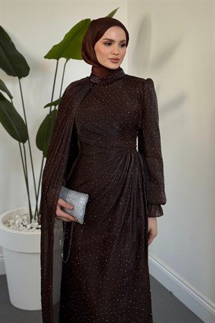 Lunara Taşlı Janjan Kumaş Abiye  Kahverengi
