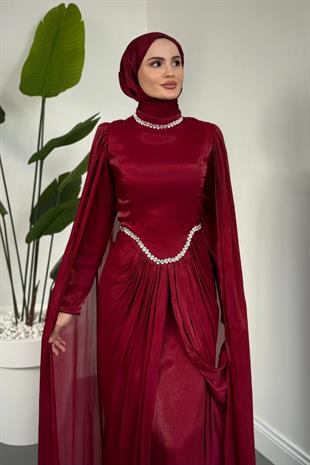 Maelis Beli Ve Boynu Taşlı Abiye Bordo