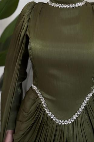 Maelis Beli Ve Boynu Taşlı Abiye Haki