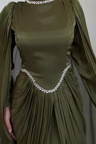 Maelis Beli Ve Boynu Taşlı Abiye Haki