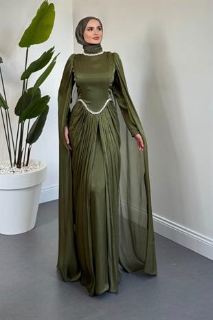 Maelis Beli Ve Boynu Taşlı Abiye Haki