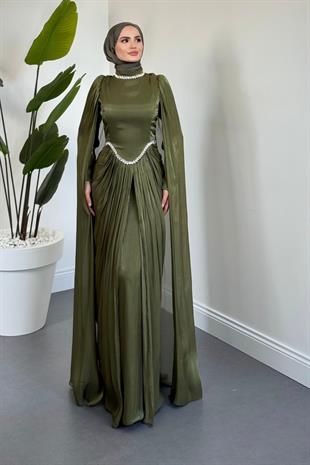 Maelis Beli Ve Boynu Taşlı Abiye Haki