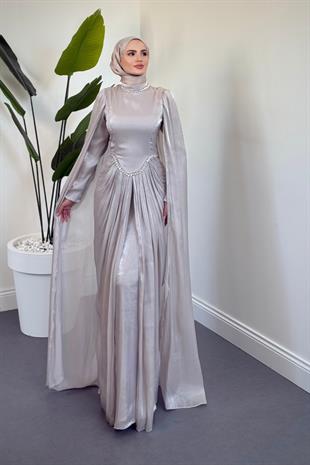 Maelis Beli Ve Boynu Taşlı Abiye Krem