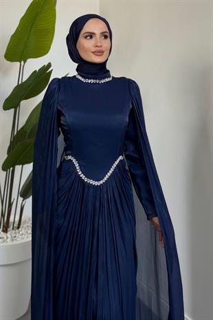 Maelis Beli Ve Boynu Taşlı Abiye Lacivert