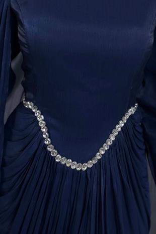 Maelis Beli Ve Boynu Taşlı Abiye Lacivert