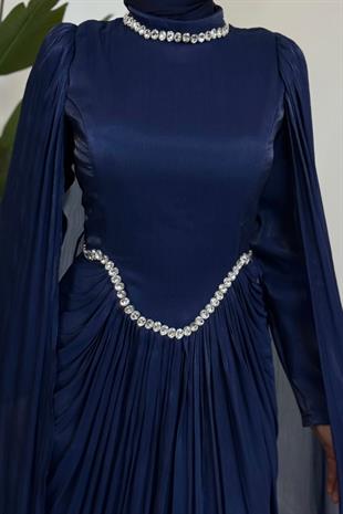 Maelis Beli Ve Boynu Taşlı Abiye Lacivert
