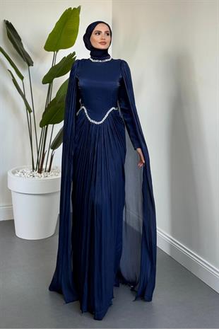 Maelis Beli Ve Boynu Taşlı Abiye Lacivert