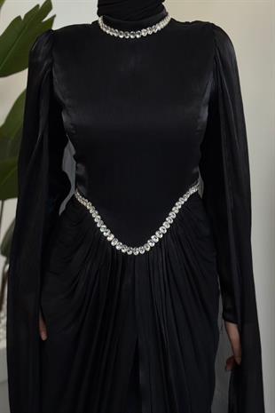 Maelis Beli Ve Boynu Taşlı Abiye Siyah