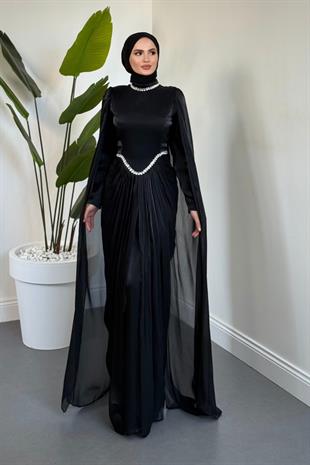 Maelis Beli Ve Boynu Taşlı Abiye Siyah