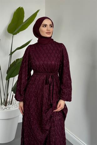 Mahbanu Simli Astarlı Balon Kol Elbise Mürdüm