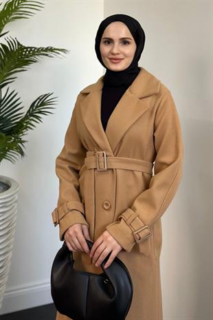 Mahika Astarlı Kemerli Kaşe Kaban Camel