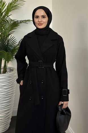 Mahika Astarlı Kemerli Kaşe Kaban Siyah