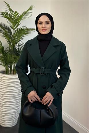 Mahika Astarlı Kemerli Kaşe Kaban Zümrüt