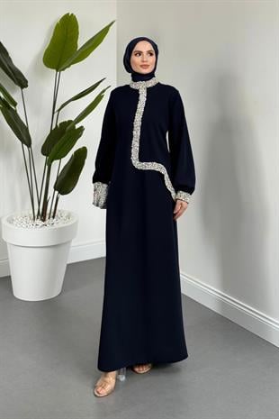 Mahin Taşlı Krep Abiye Lacivert
