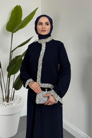 Mahin Taşlı Krep Abiye Lacivert