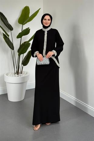 Mahin Taşlı Krep Abiye Siyah