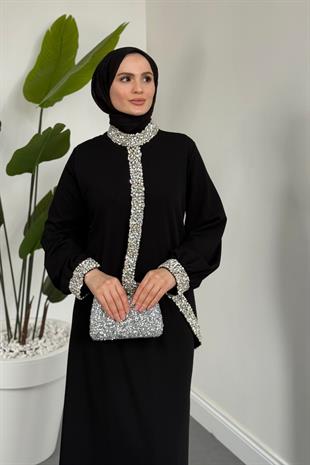 Mahin Taşlı Krep Abiye Siyah
