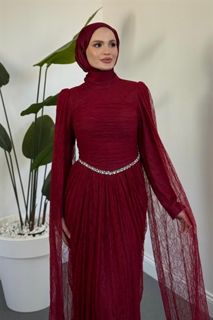 Mahzel Arkası Drapeli Dantel Abiye Bordo