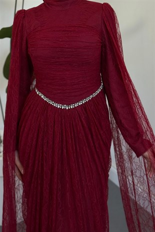 Mahzel Arkası Drapeli Dantel Abiye Bordo