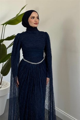 Mahzel Arkası Drapeli Dantel Abiye Lacivert