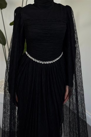 Mahzel Arkası Drapeli Dantel Abiye Siyah