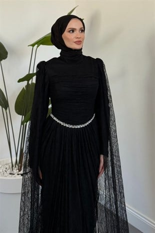 Mahzel Arkası Drapeli Dantel Abiye Siyah