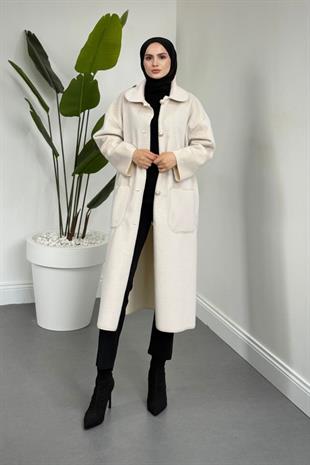 Mandell Kürklü Kaşe Kaban Krem