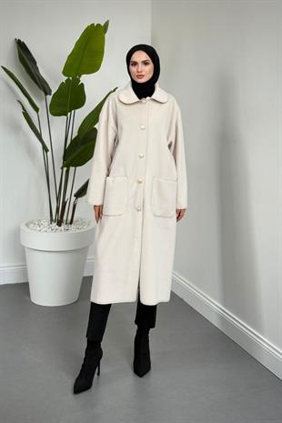 Mandell Kürklü Kaşe Kaban Krem